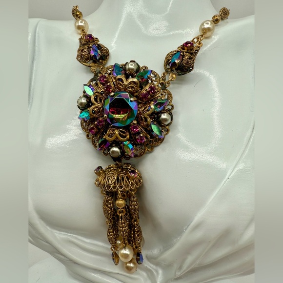 Jewelry - Vintage West Germany Filigree Brooch/Necklace Tassel and Multiple AB Rhinestones